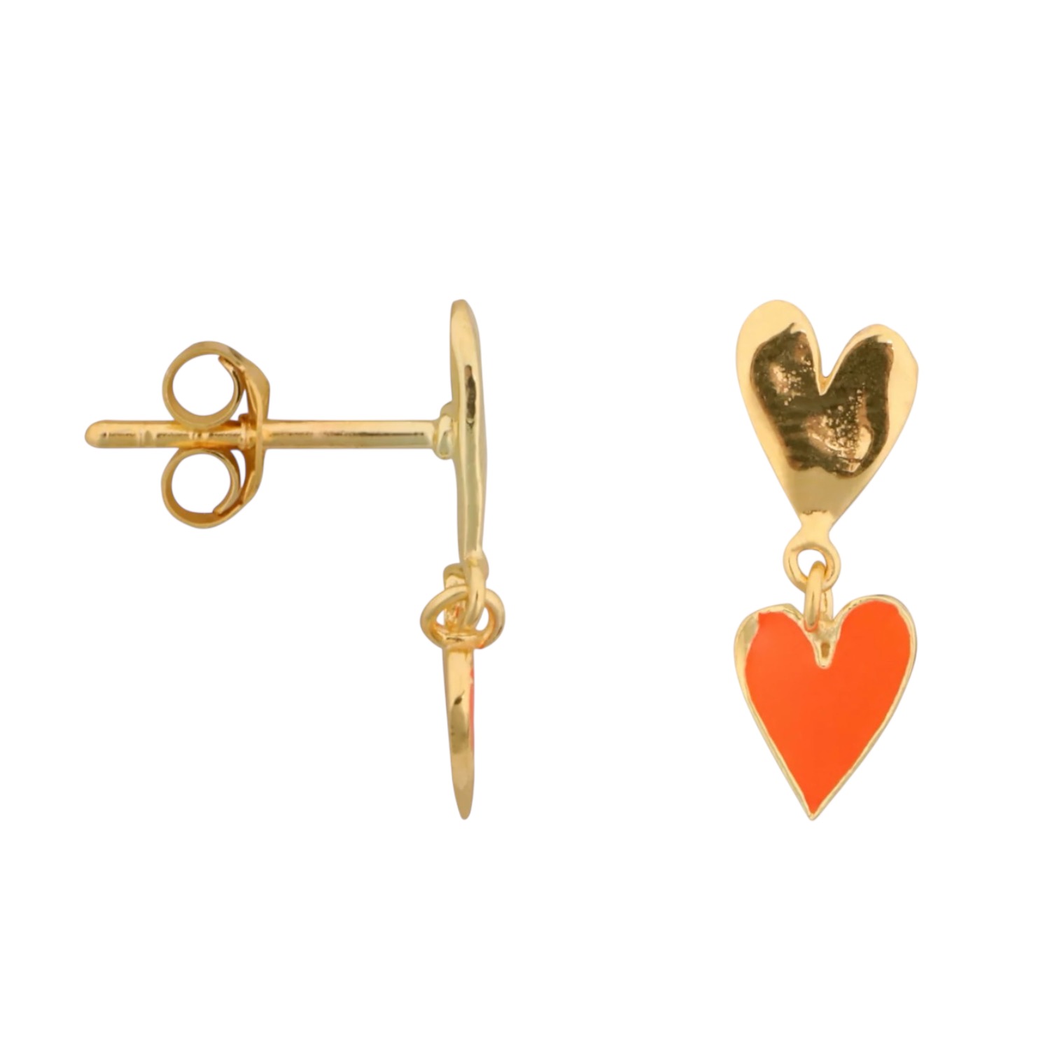 Medium Two Hearts Stud Earring Neon Coral Enamel | Betty Bogaers